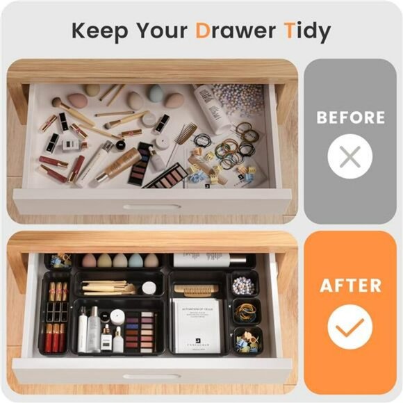 22 Piece Black Plastic Drawer Organizer Set for Makeup Office Bathroom Storage - Picture 4 of 8